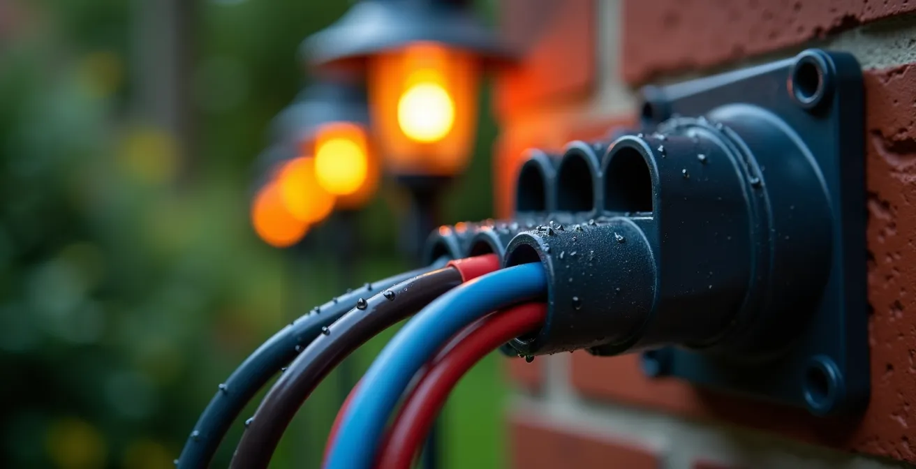 Installation sécurisée de lanternes électriques dans un jardin avec câbles protégés et boîtier étanche