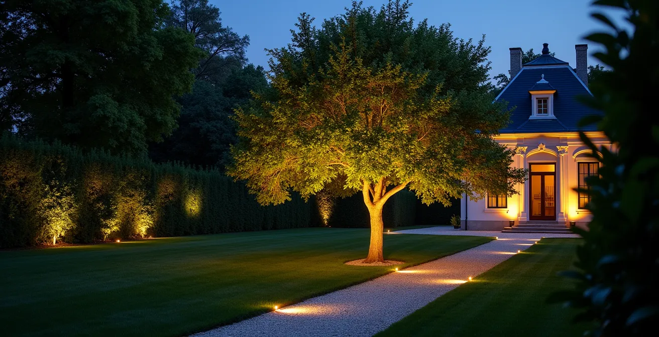 Jardin élégamment éclairé avec jeu d'ombres et de lumières douces