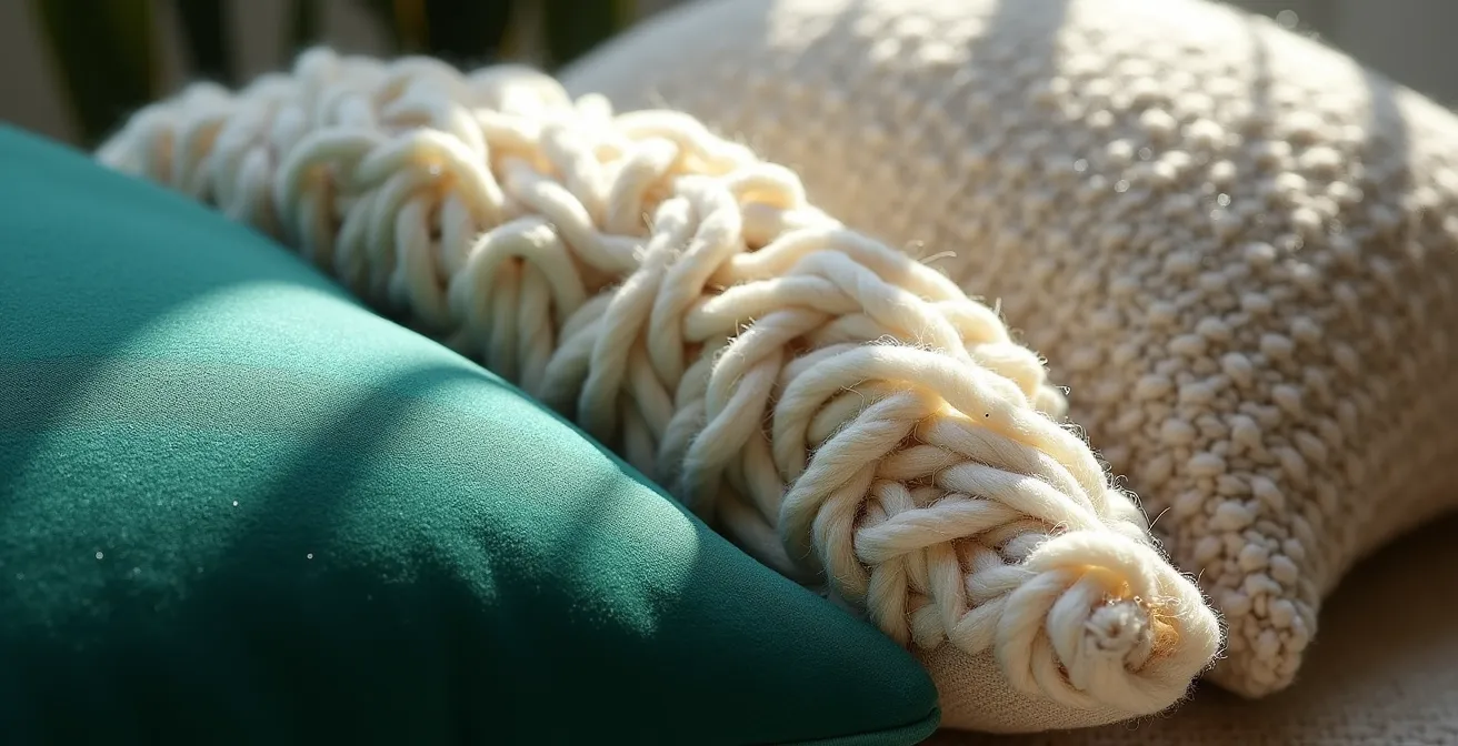 Gros plan sur différentes textures de tissus pour coussins : velours, laine bouclée et lin