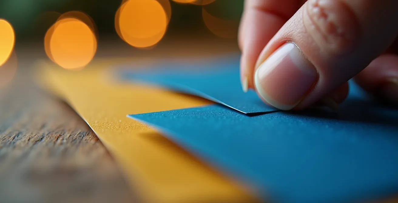 Gros plan sur des mains assemblant délicatement des modules dorés et bleus formant une fleur de lys