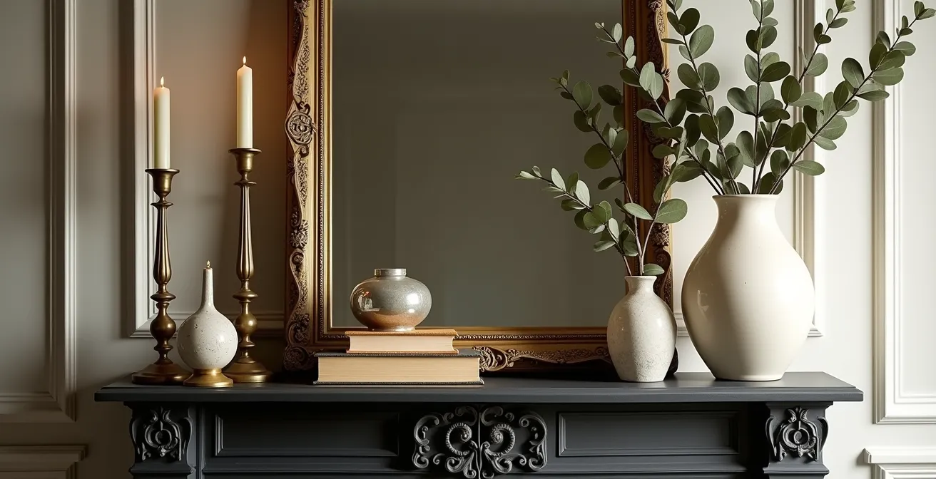 Manteau de cheminée décoré avec composition asymétrique style parisien