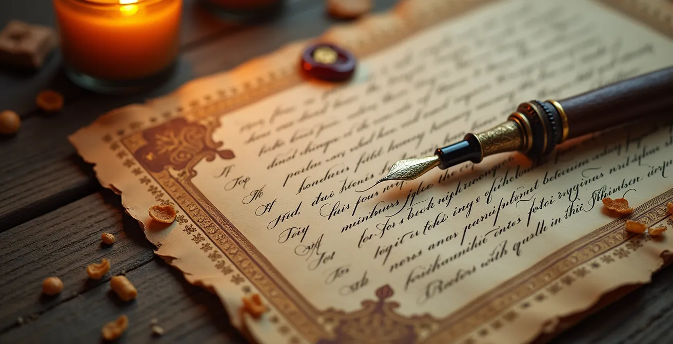 Menu calligraphié sur parchemin ancien avec plume et encrier, éclairage à la bougie