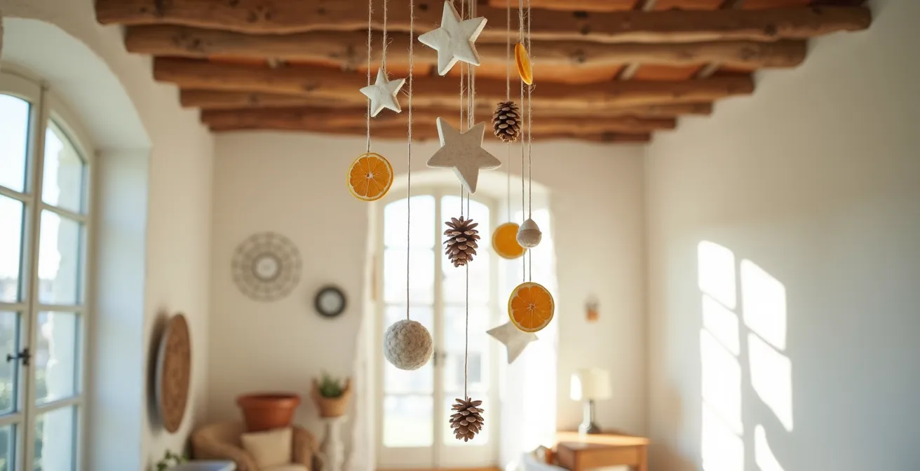 Mobile de Noël en cascade avec éléments artisanaux français suspendus