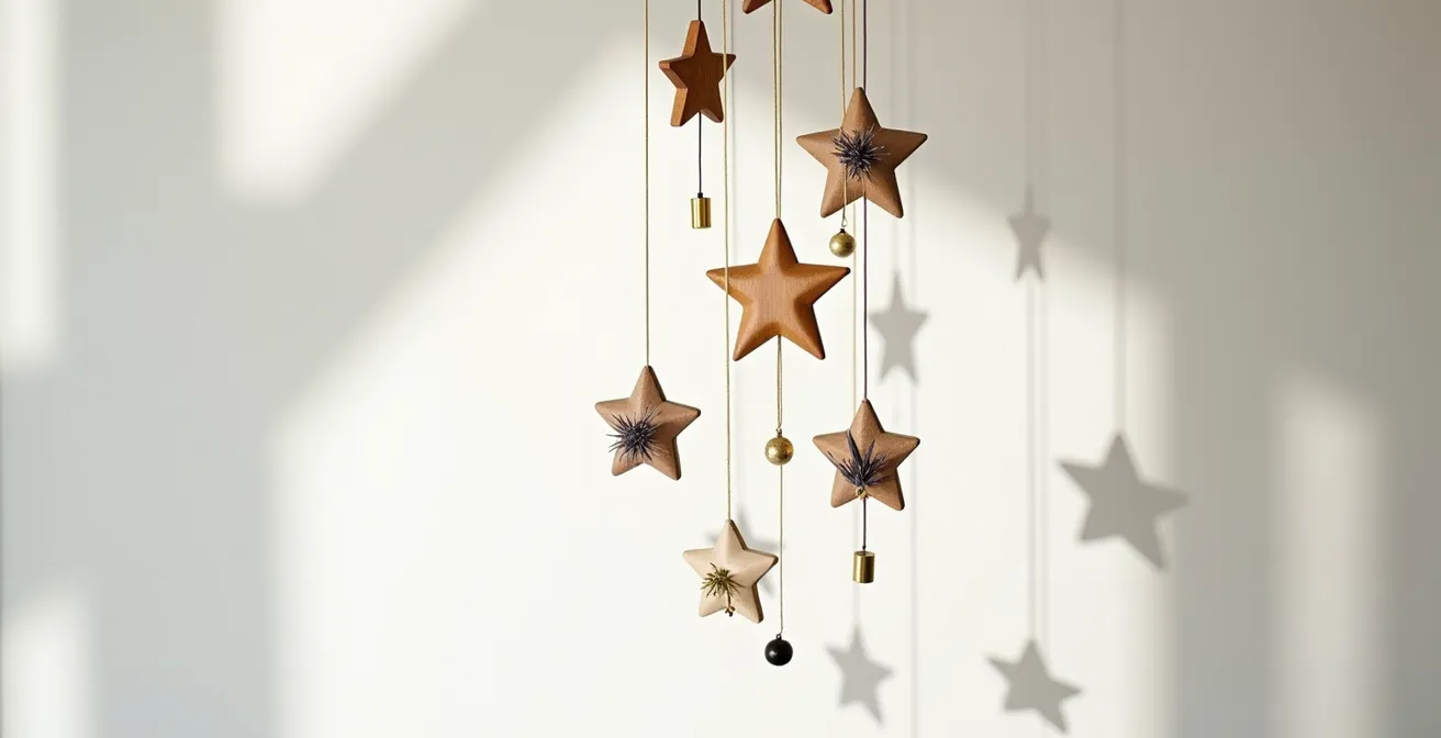 Mobile de Noël avec cascade d'éléments suspendus à différentes hauteurs