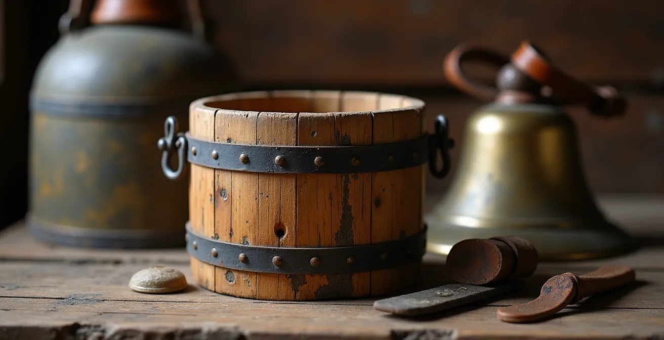 Collection d'objets alpins traditionnels disposés sur une table en bois ancien