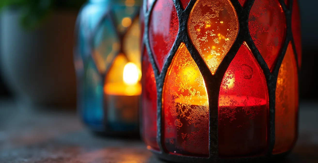 Pot en verre transformé en photophore avec effet vitrail coloré et motifs gravés