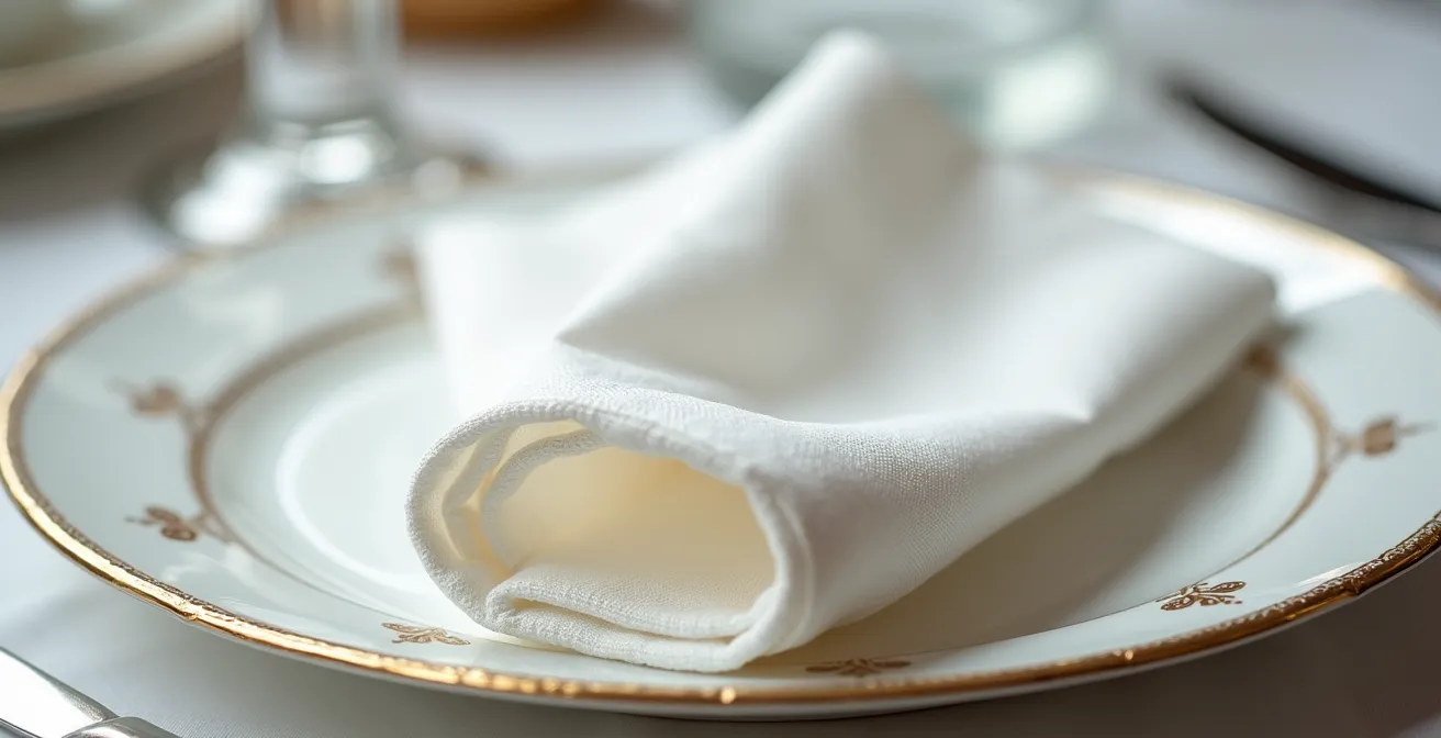 Serviette en lin pliée en forme de fleur de lys sur une assiette de fête
