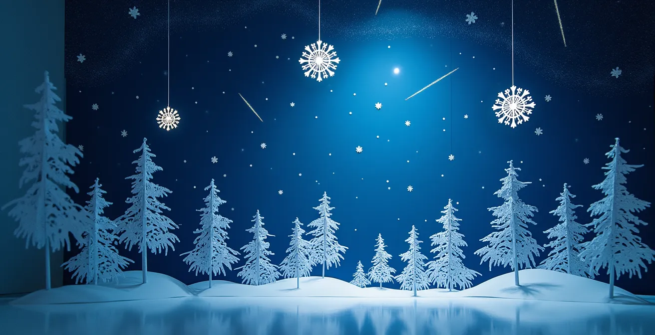 Installation artistique mêlant flocons blancs et éléments stellaires bleu nuit