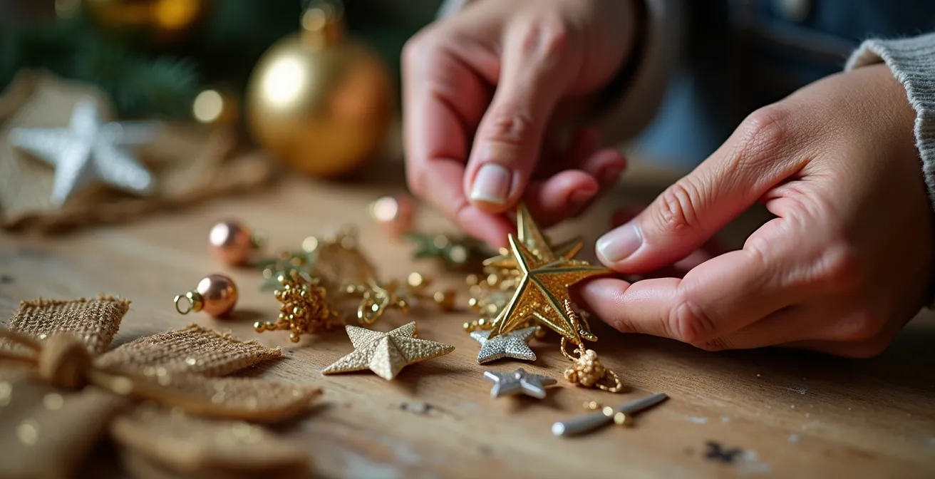 Mains d'étalagiste travaillant minutieusement sur un détail de décoration de Noël