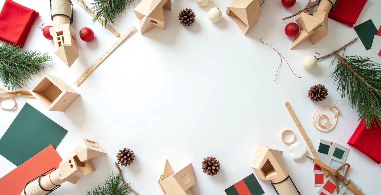 Vue aérienne d'une table de travail avec croquis, maquettes et échantillons de matériaux pour vitrine de Noël
