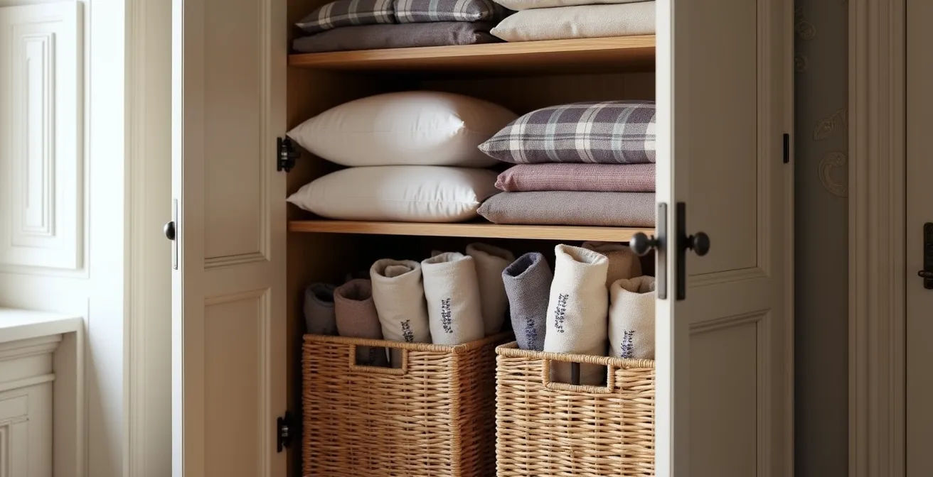 Organisation élégante de textiles d'hiver rangés dans une armoire française