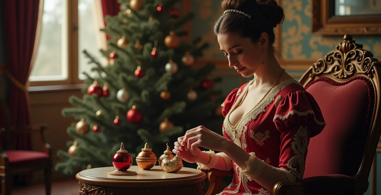 Salon décoré dans un style Noël victorien à la française avec meubles Second Empire