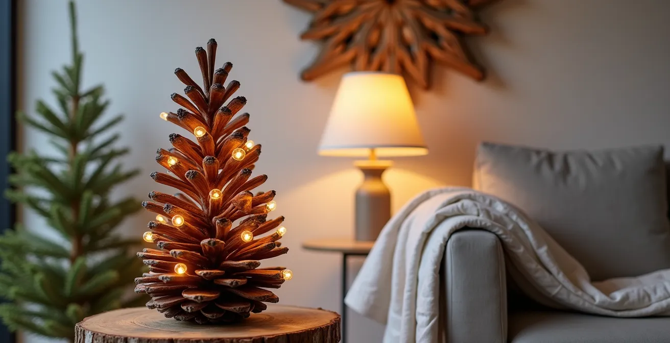 Sapin sculptural en pommes de pin avec éclairage LED intégré dans un intérieur français contemporain
