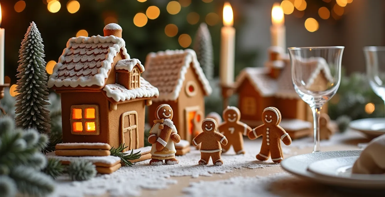 Centre de table avec scène narrative en bonshommes de pain d'épice représentant un village français