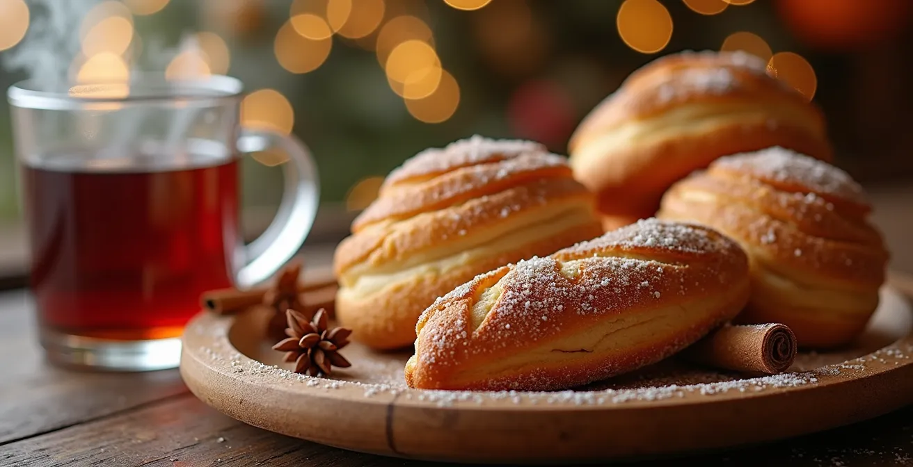 Gros plan sur des spécialités culinaires françaises de Noël disposées sur un étal de marché