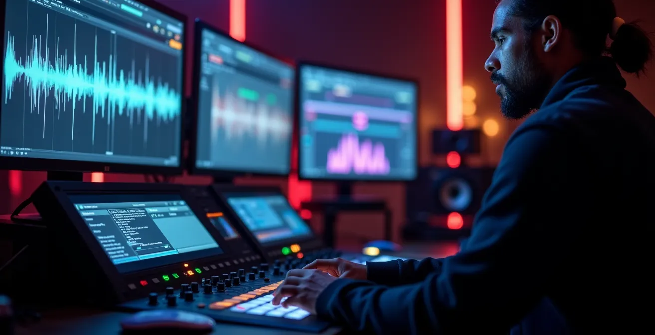 Vue plongeante sur une régie technique avec multiples écrans de contrôle montrant des courbes de synchronisation lumineuses