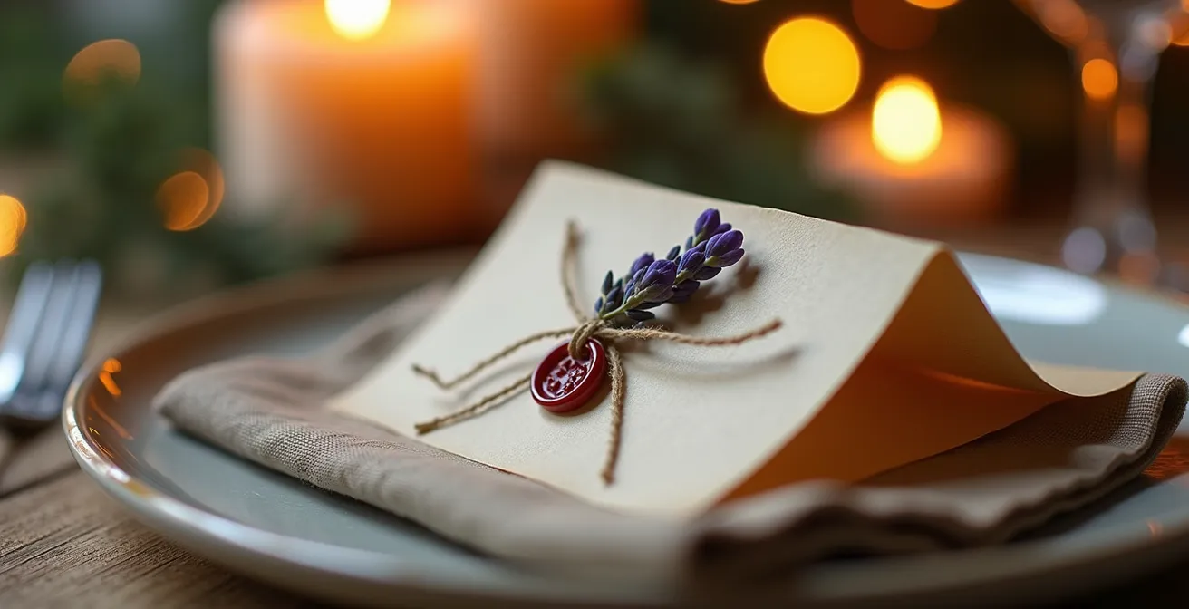 Table de Noël avec centre de table thématique et marque-places artisanaux français