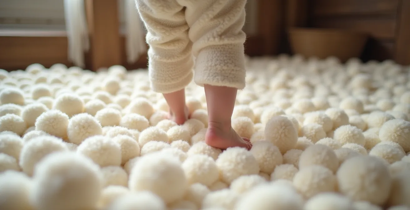 Tapis de pompons blancs imitant la neige dans un salon français traditionnel