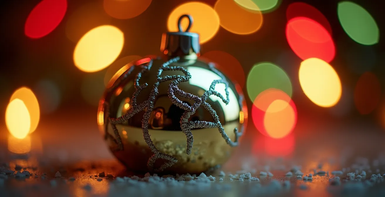 Gros plan macro sur une boule de Noël avec effet bokeh en arrière-plan