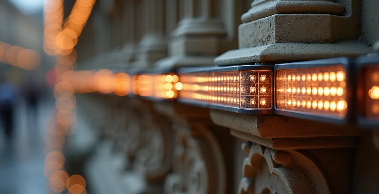 Gros plan sur un système de projection LED haute définition installé sur une façade haussmannienne