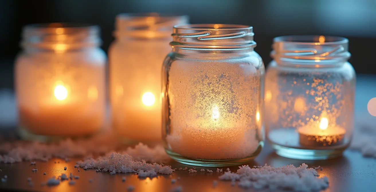 Pots en verre transformés en photophores avec effet givré et motifs peints, éclairés de l'intérieur