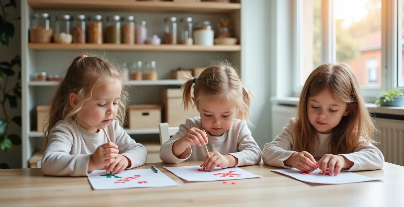 Trois enfants d'âges différents travaillant ensemble sur des créations de Noël adaptées