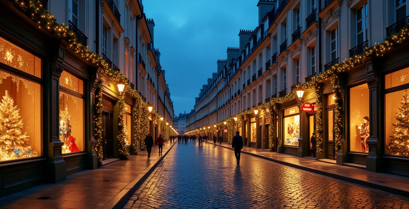 Vue large d'une rue commerçante française décorée pour Noël avec vitrines illuminées au crépuscule