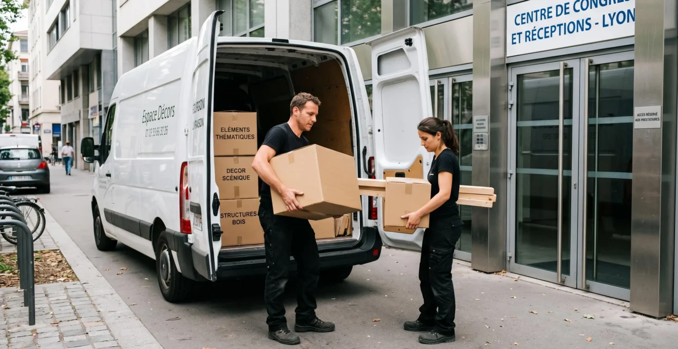 Deux décorateurs professionnels déchargeant éléments de décoration thématique depuis un fourgon de location vers l'entrée d'un lieu événementiel contemporain