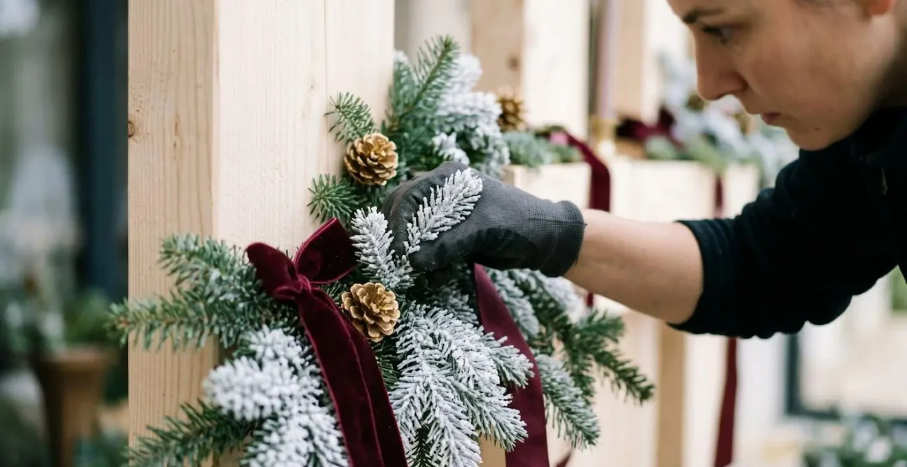 Gros plan sur les mains d'une décoratrice professionnelle ajustant une branche de sapin naturel enneigée avec pommes de pin dorées et velours bordeaux sur structure bois clair