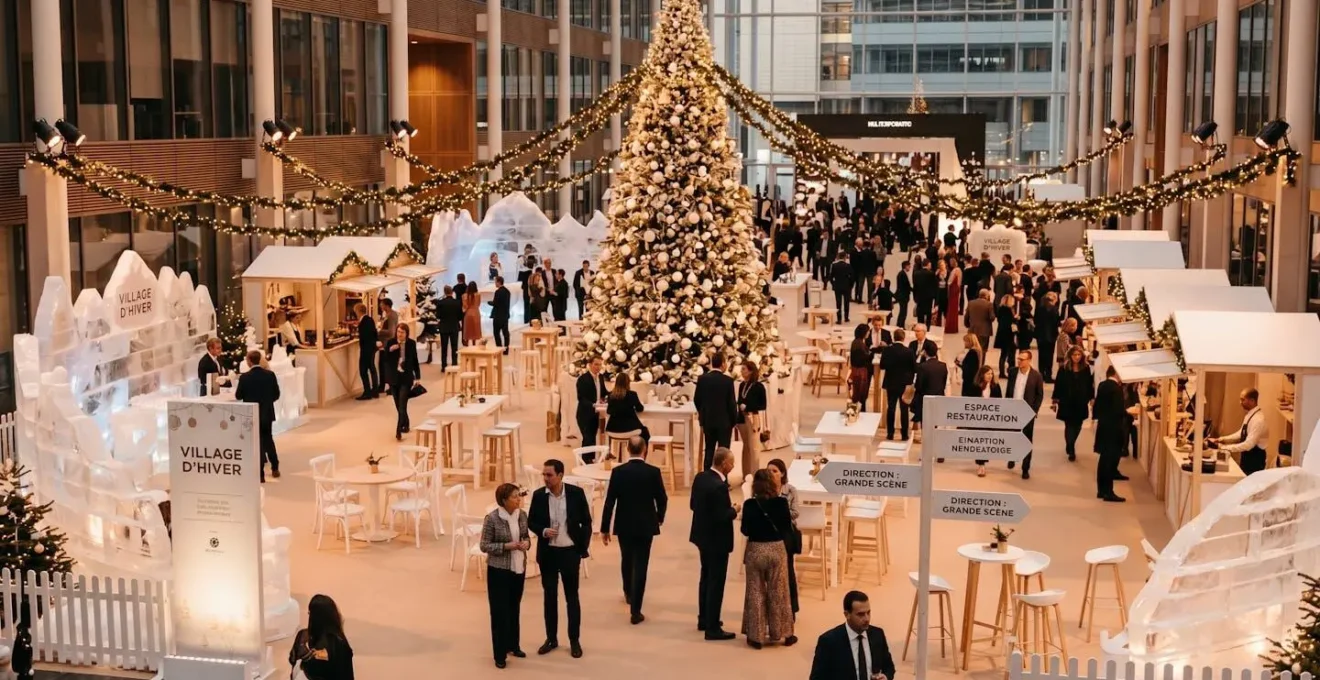 Salle de réception d'entreprise transformée en village nordique hivernal immersif avec igloo scénographié, sapin illuminé monumental et participants circulant dans le décor thématique Noël