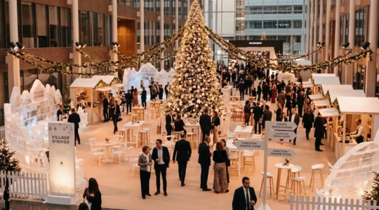 Salle de réception d'entreprise transformée en village nordique hivernal immersif avec igloo scénographié, sapin illuminé monumental et participants circulant dans le décor thématique Noël